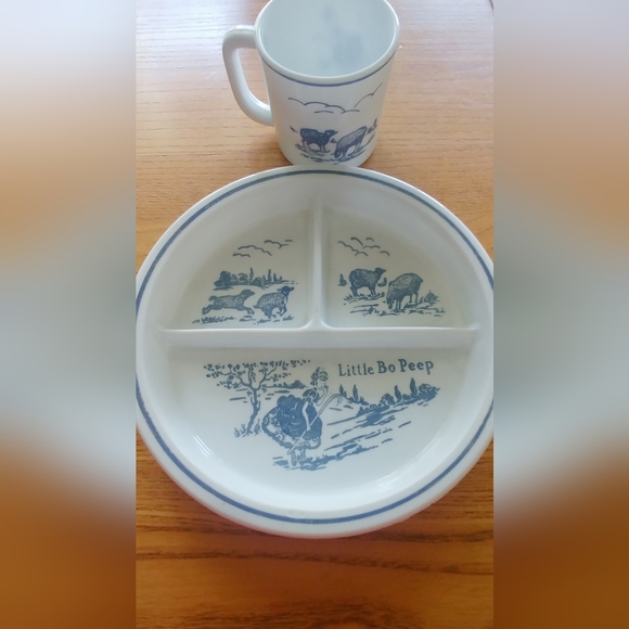 Vintage Little Bo Peep BLUE Divided Child Plate and Cup Set 1950s Vitrock - Picture 2 of 11